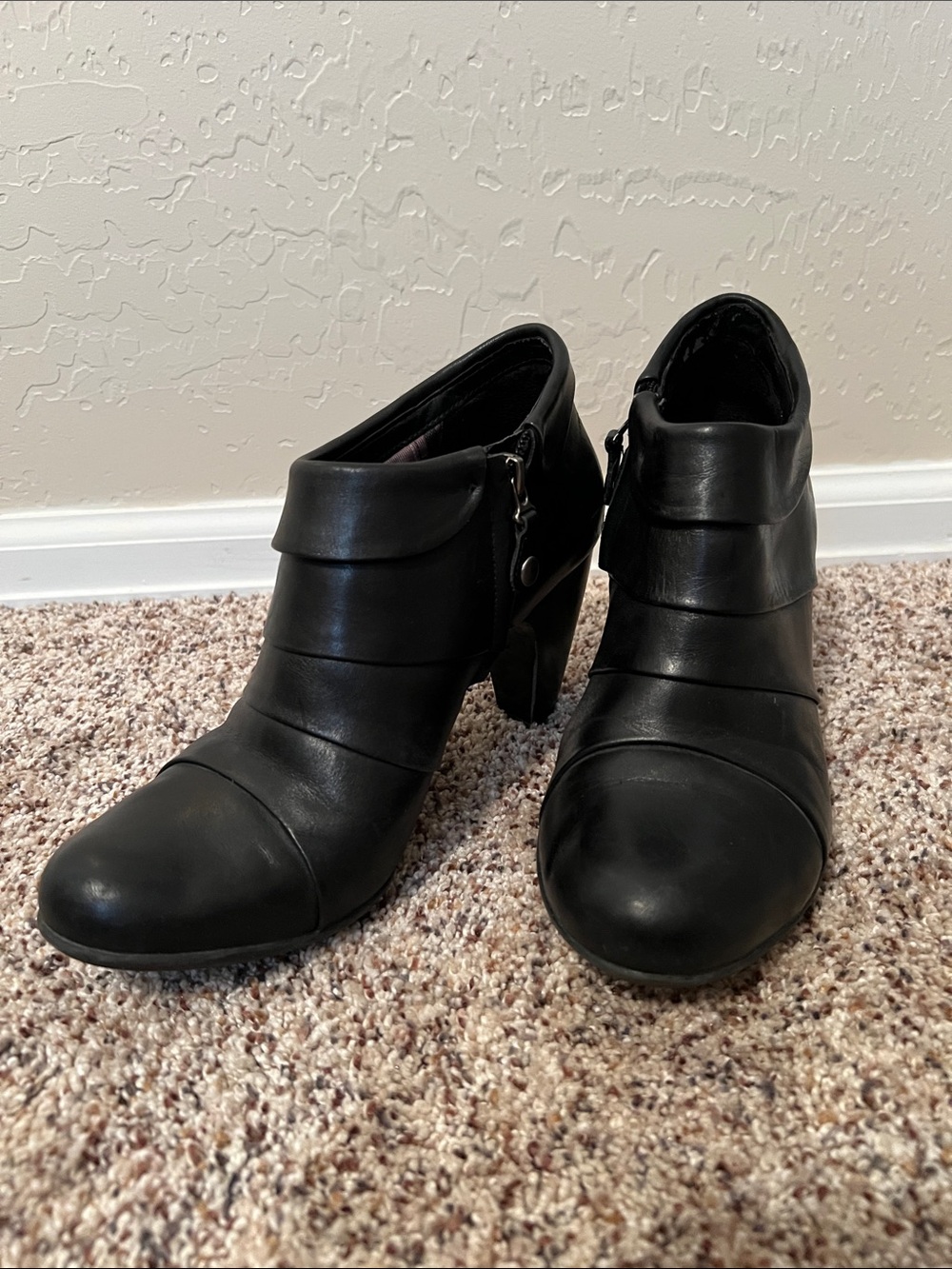 Connie Black Layered Faux-Leather Ankle Booties with Block Heel